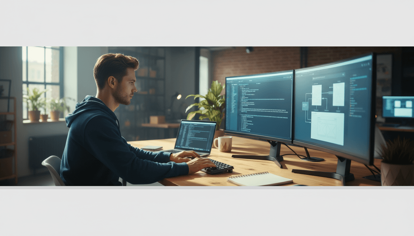 Developer working at dual monitors on web design and code
