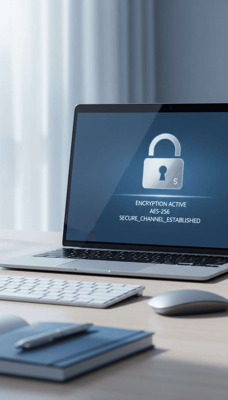 Secure encryption and data protection interface on a laptop screen