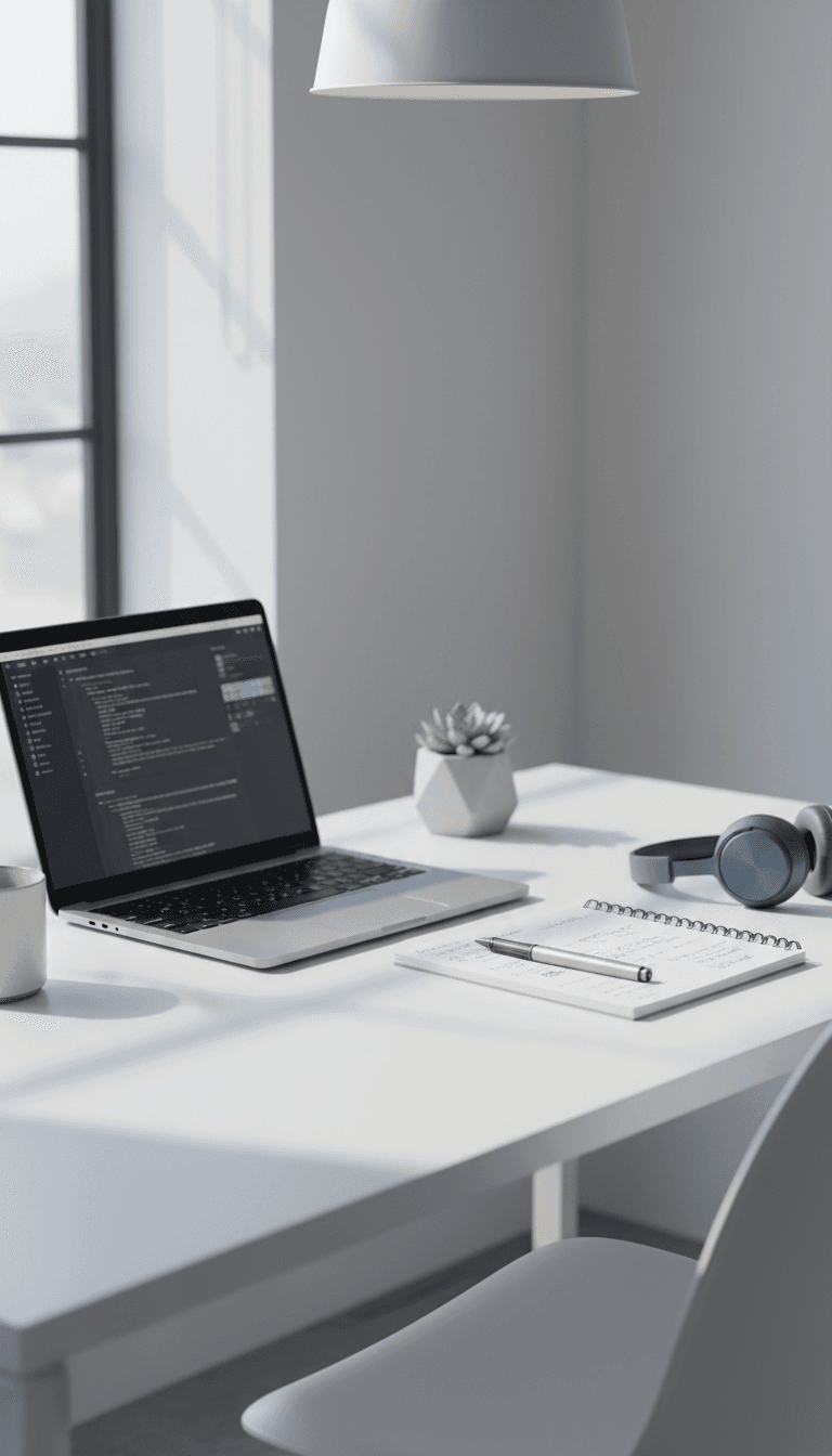 Professional workspace with laptop and notes representing digital services documentation