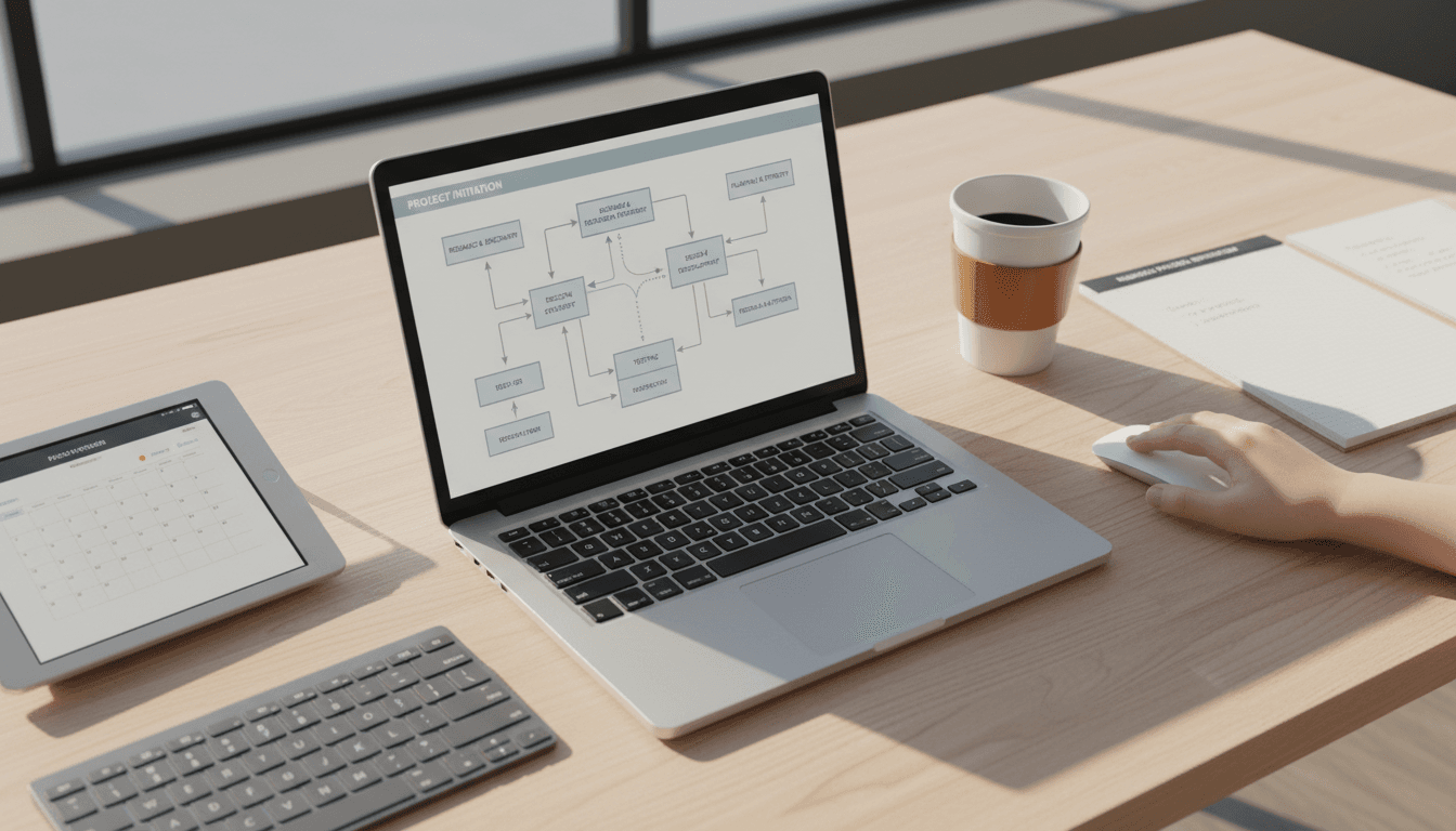 Business automation workflow diagram on desktop monitor