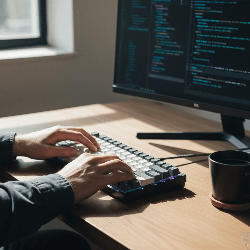 Developer typing code on mechanical keyboard