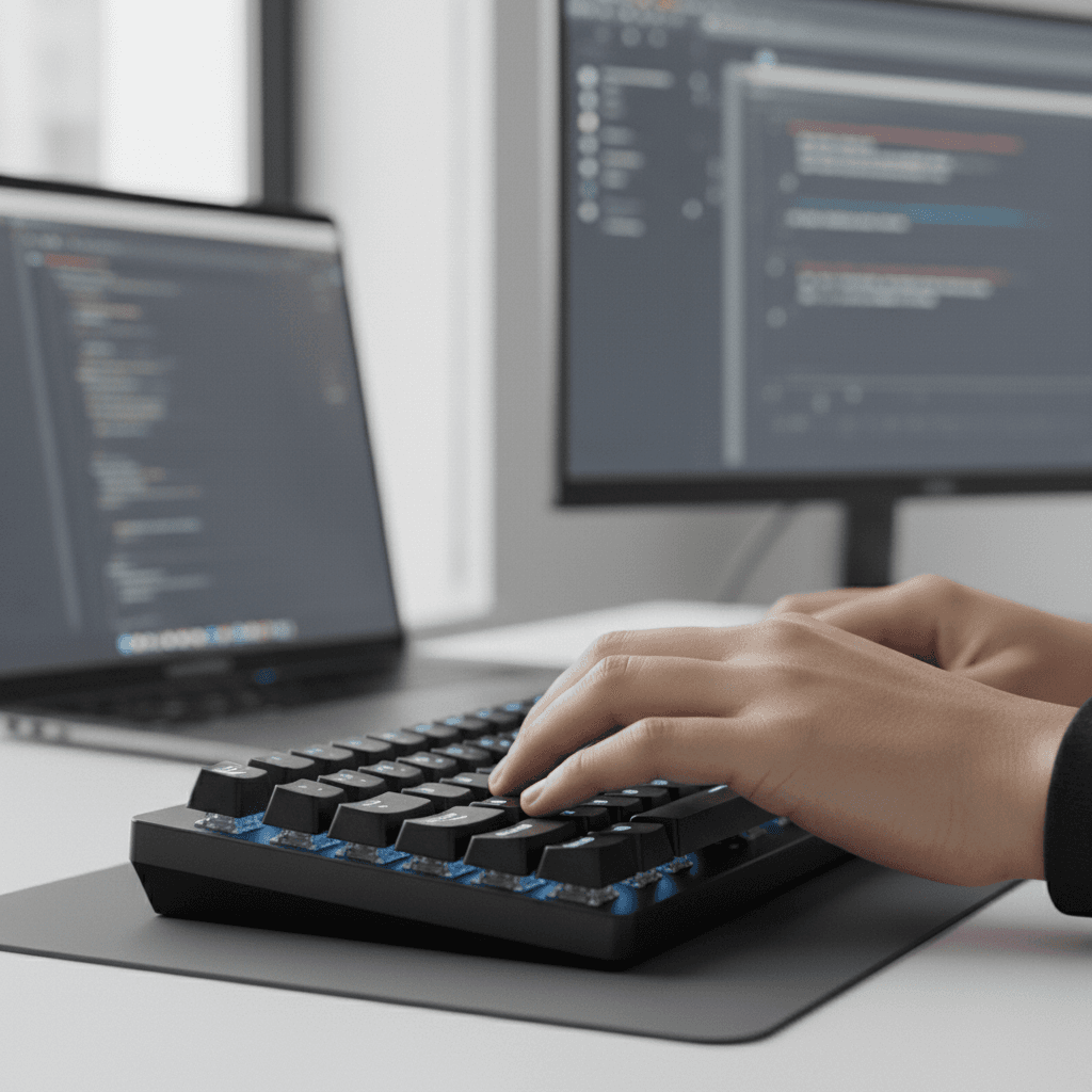 Developer working at desk with laptop and dual monitors